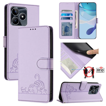 Realme Note 50 4G Global Cat & Rat Embossed RFID Leather Case, Lanyard, Wallet, Card Slots, Kickstand, Anti-Fall, Scratch-Resistant