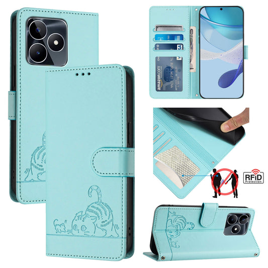Realme C51 4G Cat & Rat Embossed RFID Leather Case, Lanyard, Wallet, Card Slots, Kickstand, Anti-Fall, Scratch-Resistant