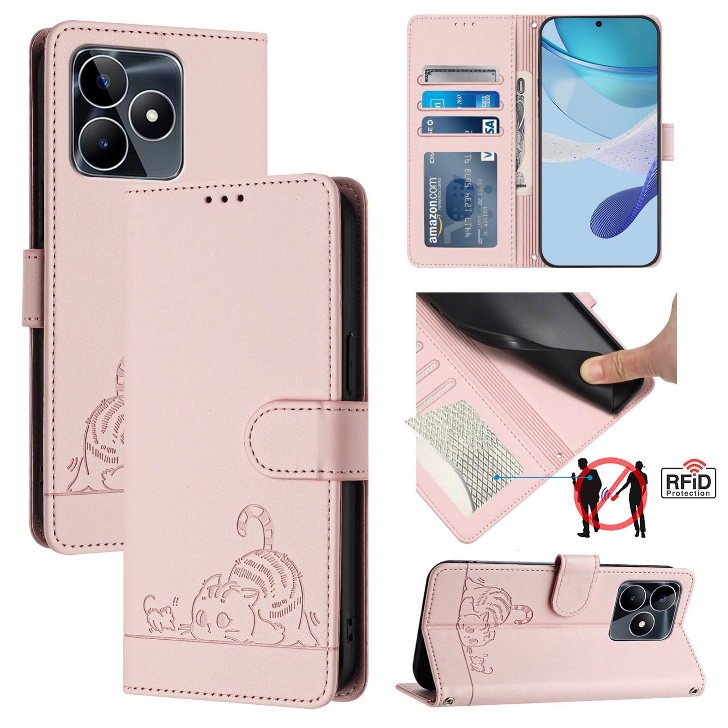 Realme C53 4G Global Cat & Rat Embossed RFID Leather Case, Lanyard, Wallet, Card Slots, Kickstand, Anti-Fall, Scratch-Resistant