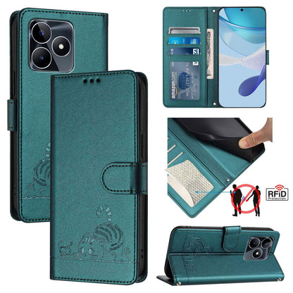 Realme C51 4G Cat & Rat Embossed RFID Leather Case, Lanyard, Wallet, Card Slots, Kickstand, Anti-Fall, Scratch-Resistant