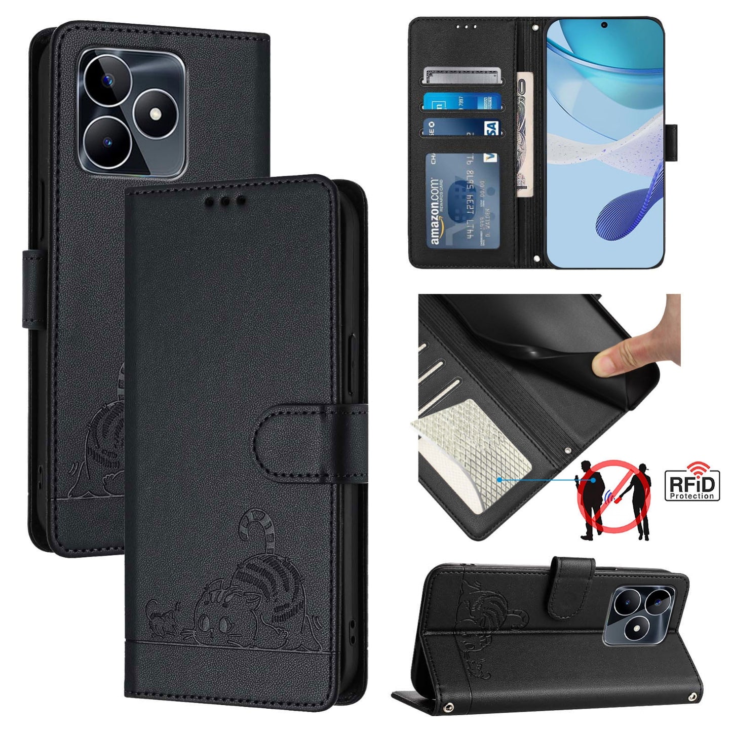 Realme Narzo N53 4G Global Cat & Rat Embossed RFID Leather Case, Lanyard, Wallet, Card Slots, Kickstand, Anti-Fall, Scratch-Resistant