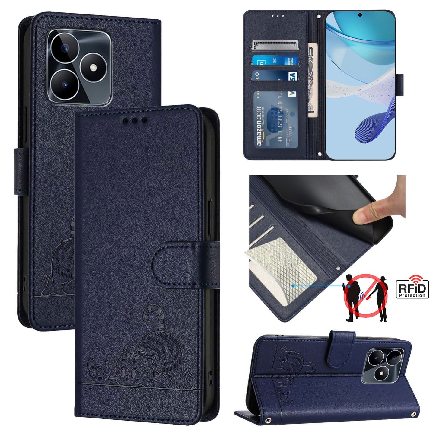 Realme Narzo N53 4G Global Cat & Rat Embossed RFID Leather Case, Lanyard, Wallet, Card Slots, Kickstand, Anti-Fall, Scratch-Resistant