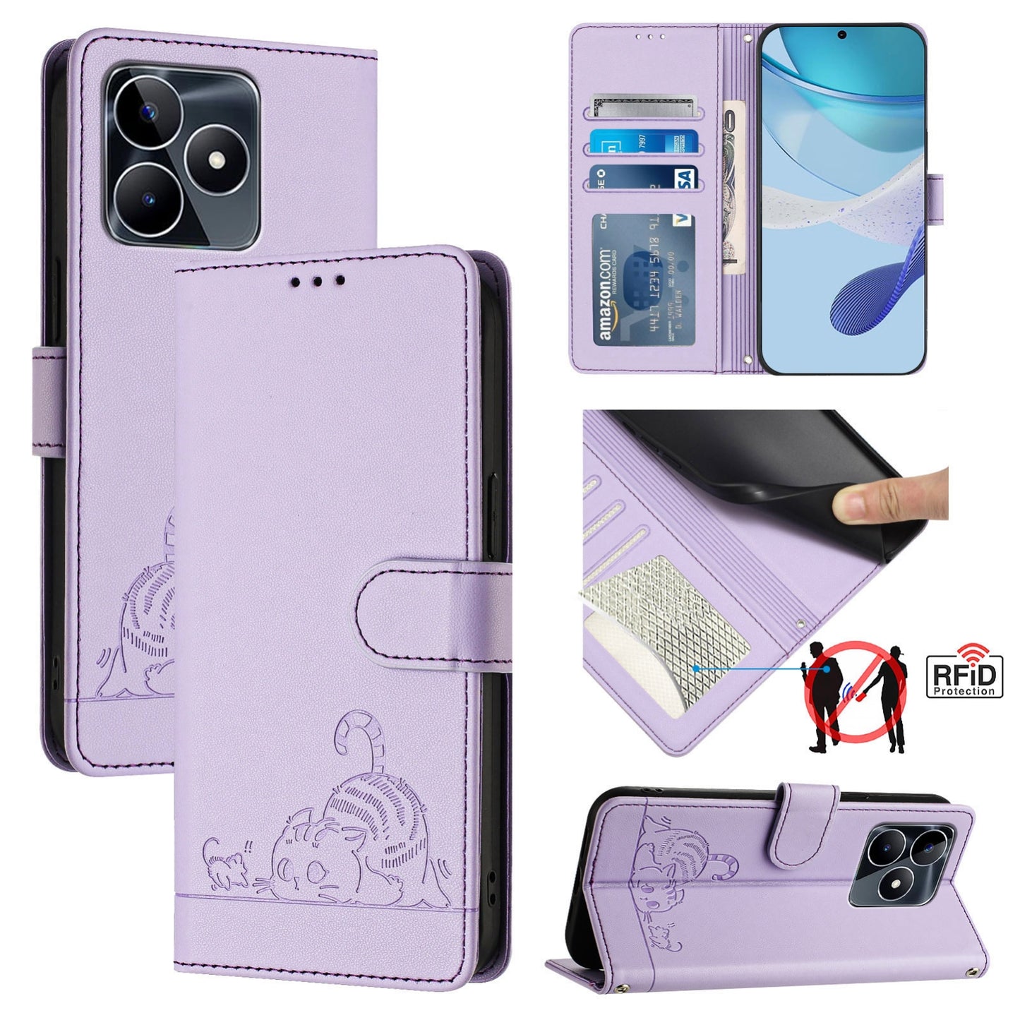 Realme Narzo N53 4G Global Cat & Rat Embossed RFID Leather Case, Lanyard, Wallet, Card Slots, Kickstand, Anti-Fall, Scratch-Resistant