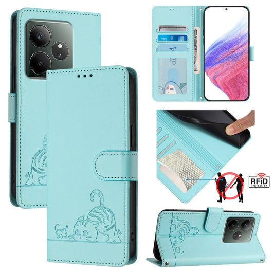 Realme GT 6T 5G Global Cat & Rat Embossed RFID Leather Case, Lanyard, Wallet, Card Slots, Kickstand, Anti-Fall, Scratch-Resistant