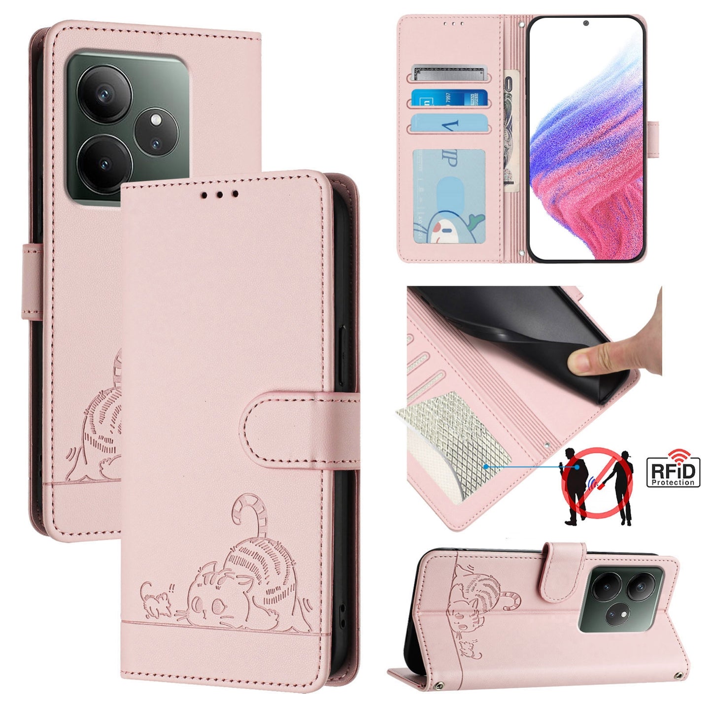 Realme GT 6T 5G Global Cat & Rat Embossed RFID Leather Case, Lanyard, Wallet, Card Slots, Kickstand, Anti-Fall, Scratch-Resistant