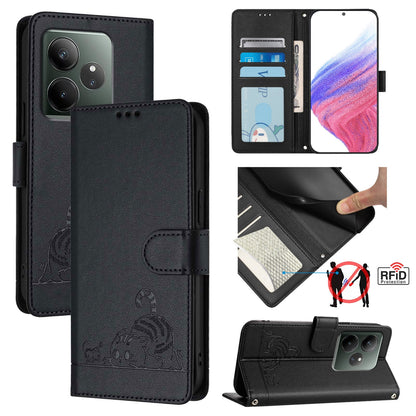 Realme GT 6T 5G Global Cat & Rat Embossed RFID Leather Case, Lanyard, Wallet, Card Slots, Kickstand, Anti-Fall, Scratch-Resistant