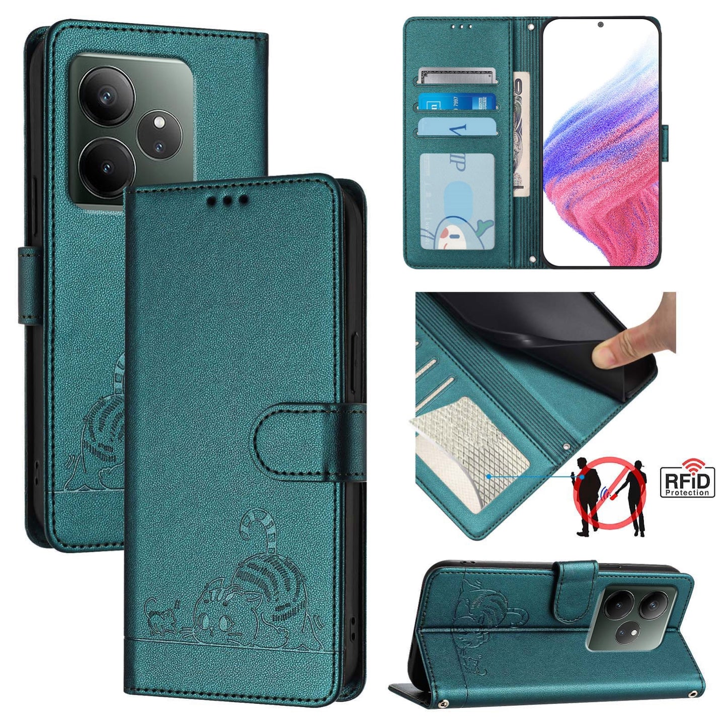 Realme GT 6T 5G Global Cat & Rat Embossed RFID Leather Case, Lanyard, Wallet, Card Slots, Kickstand, Anti-Fall, Scratch-Resistant