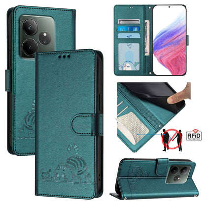 Realme GT 6T 5G Global Cat & Rat Embossed RFID Leather Case, Lanyard, Wallet, Card Slots, Kickstand, Anti-Fall, Scratch-Resistant