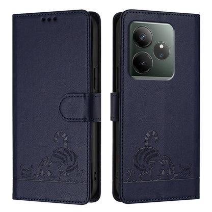 Realme GT 6T 5G Global Cat & Rat Embossed RFID Leather Case, Lanyard, Wallet, Card Slots, Kickstand, Anti-Fall, Scratch-Resistant