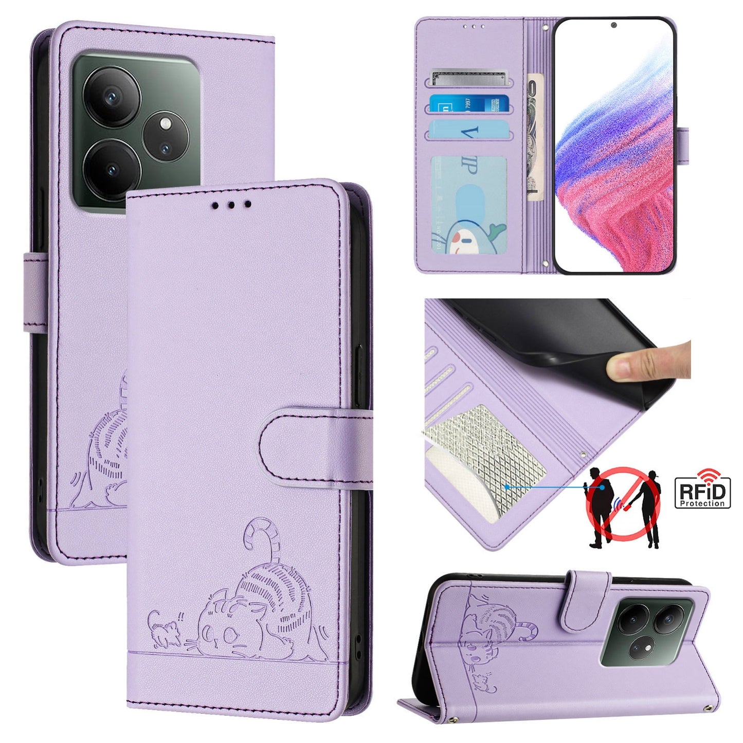 Realme GT 6T 5G Global Cat & Rat Embossed RFID Leather Case, Lanyard, Wallet, Card Slots, Kickstand, Anti-Fall, Scratch-Resistant