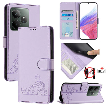 Realme GT 6T 5G Global Cat & Rat Embossed RFID Leather Case, Lanyard, Wallet, Card Slots, Kickstand, Anti-Fall, Scratch-Resistant