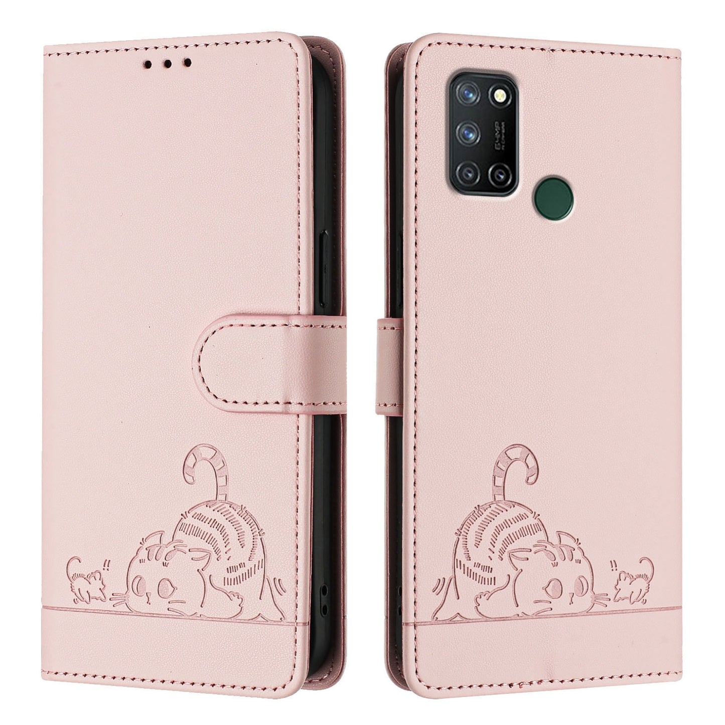 Realme 7i Cat & Rat Embossed RFID Leather Case, Lanyard, Wallet, Card Slots, Kickstand, Anti-Fall, Scratch-Resistant