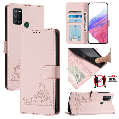 Realme 7i Cat & Rat Embossed RFID Leather Case, Lanyard, Wallet, Card Slots, Kickstand, Anti-Fall, Scratch-Resistant