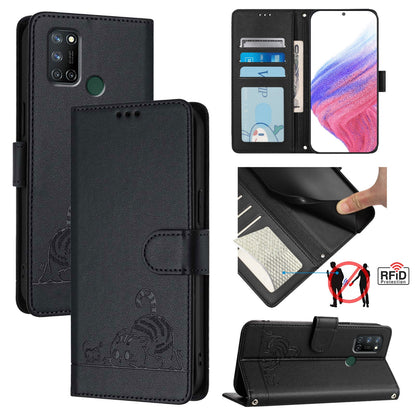 Realme C17 Cat & Rat Embossed RFID Leather Case, Lanyard, Wallet, Card Slots, Kickstand, Anti-Fall, Scratch-Resistant