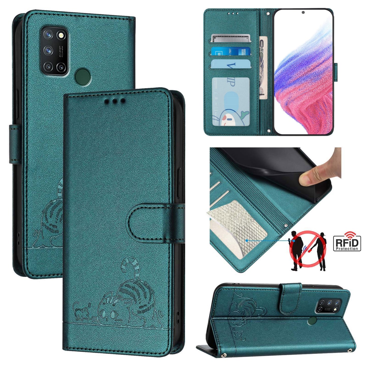 Realme 7i Cat & Rat Embossed RFID Leather Case, Lanyard, Wallet, Card Slots, Kickstand, Anti-Fall, Scratch-Resistant