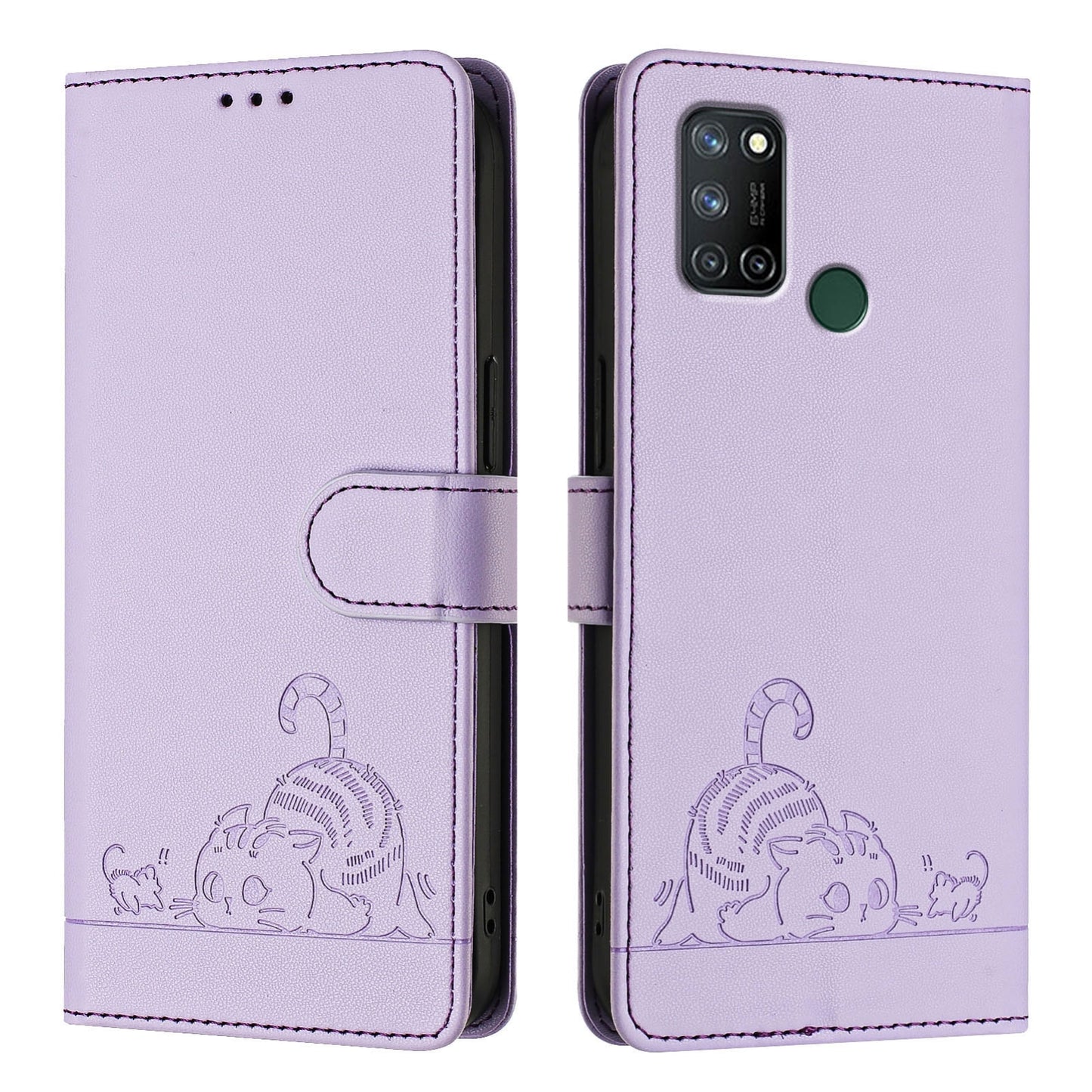 Realme C17 Cat & Rat Embossed RFID Leather Case, Lanyard, Wallet, Card Slots, Kickstand, Anti-Fall, Scratch-Resistant