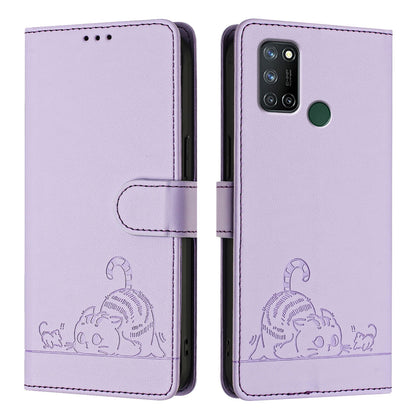 Realme C17 Cat & Rat Embossed RFID Leather Case, Lanyard, Wallet, Card Slots, Kickstand, Anti-Fall, Scratch-Resistant