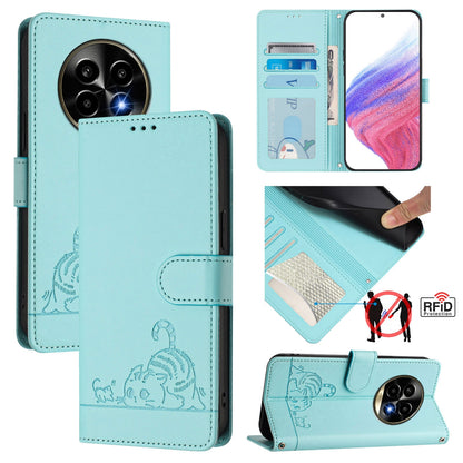 Realme 13 Pro+ 5G Cat & Rat Embossed RFID Leather Case, Lanyard, Wallet, Card Slots, Kickstand, Anti-Fall, Scratch-Resistant