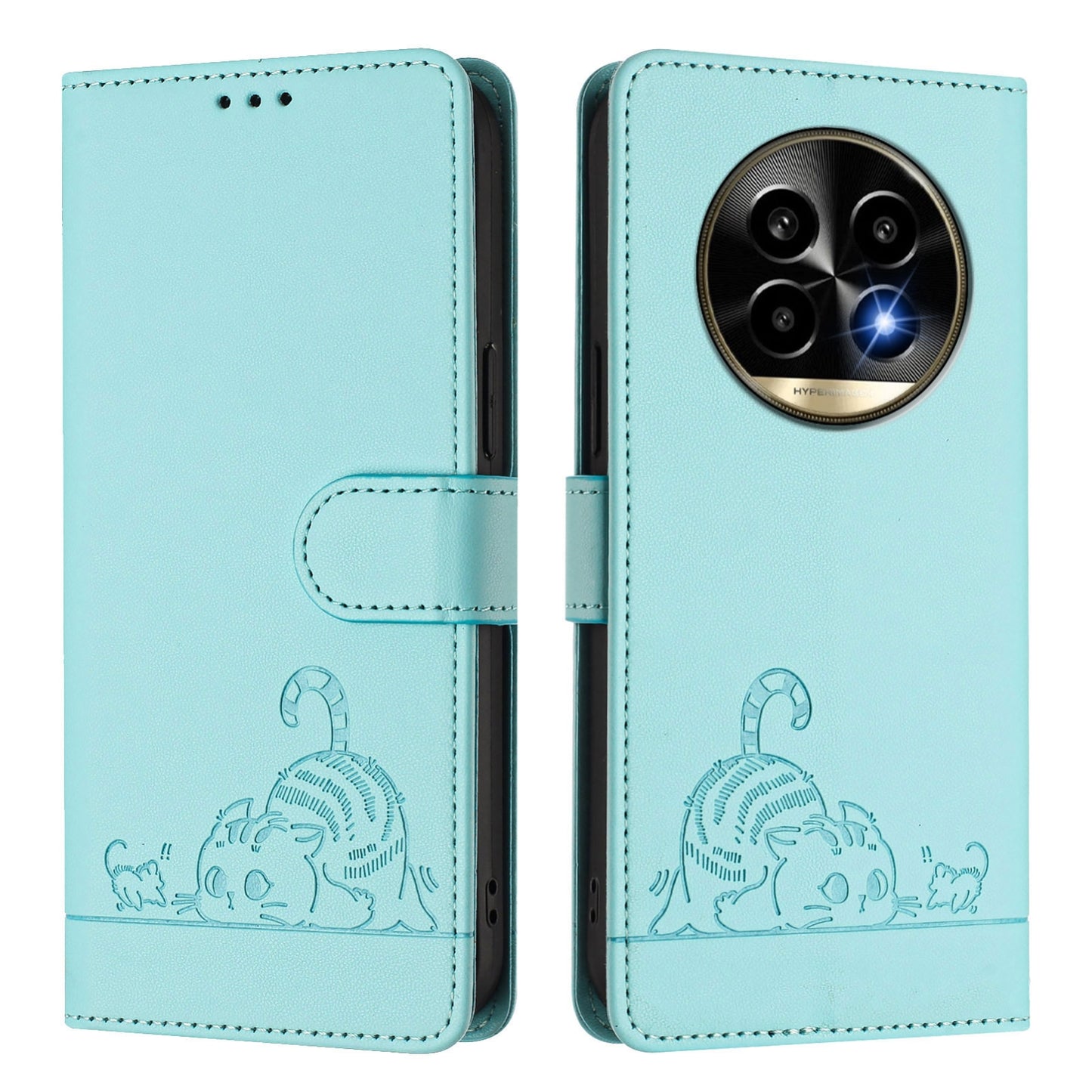 Realme 13 Pro Cat & Rat Embossed RFID Leather Case, Lanyard, Wallet, Card Slots, Kickstand, Anti-Fall, Scratch-Resistant