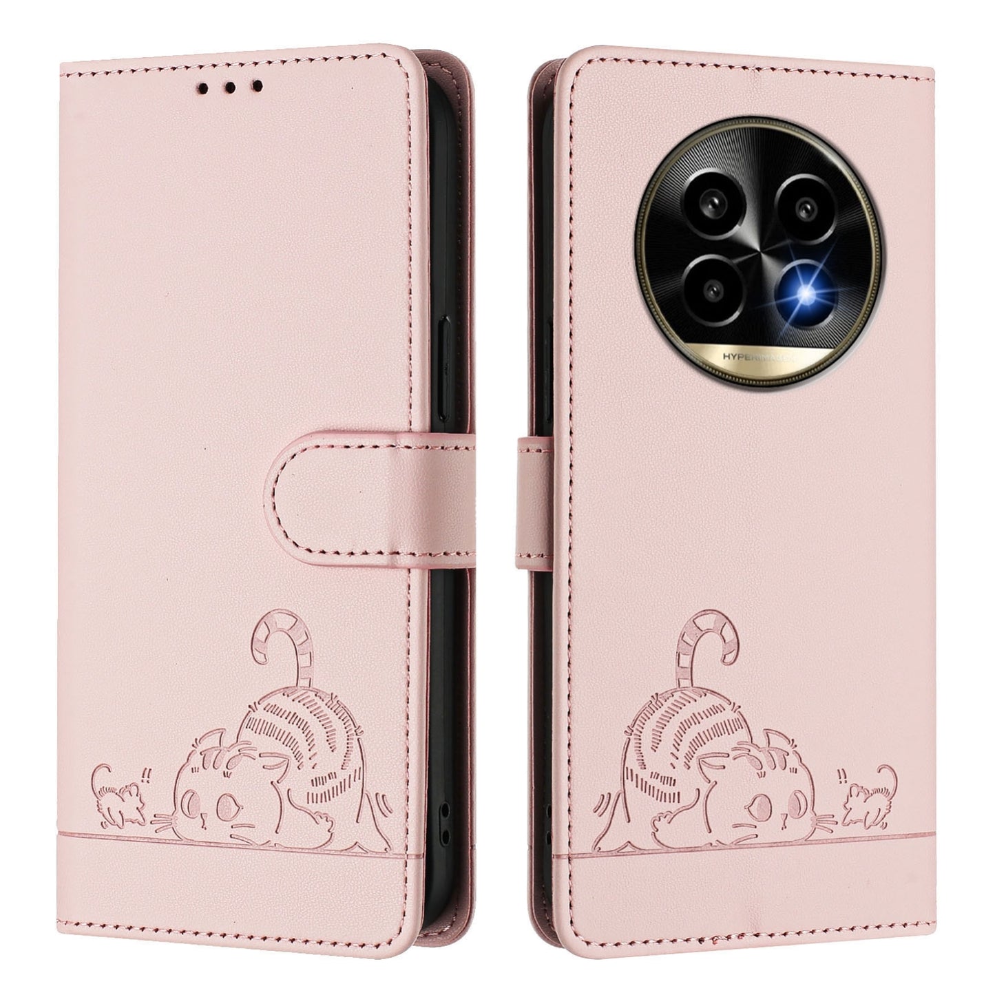 Realme 13 Pro Cat & Rat Embossed RFID Leather Case, Lanyard, Wallet, Card Slots, Kickstand, Anti-Fall, Scratch-Resistant