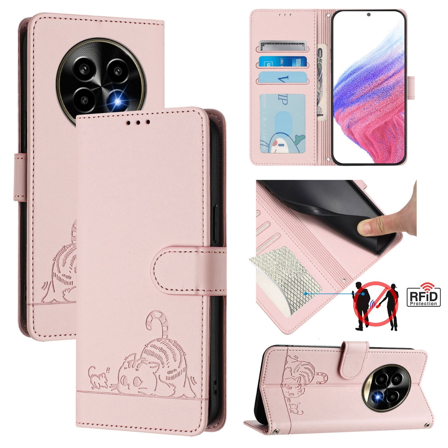 Realme 13 Pro Cat & Rat Embossed RFID Leather Case, Lanyard, Wallet, Card Slots, Kickstand, Anti-Fall, Scratch-Resistant