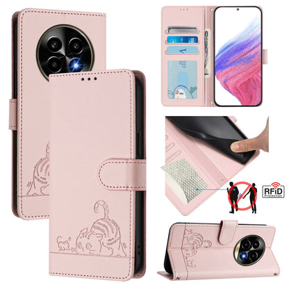 Realme 13 Pro Cat & Rat Embossed RFID Leather Case, Lanyard, Wallet, Card Slots, Kickstand, Anti-Fall, Scratch-Resistant