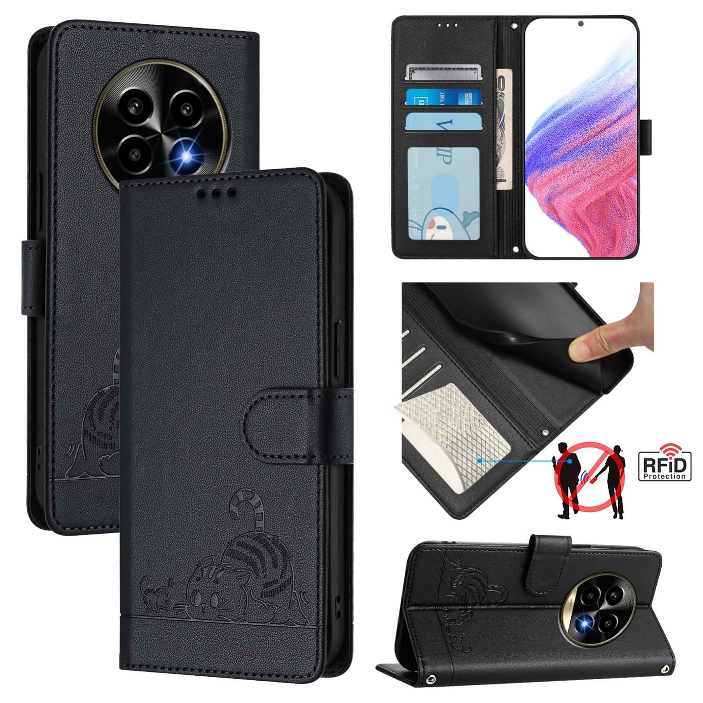 Realme 13 Pro+ 5G Cat & Rat Embossed RFID Leather Case, Lanyard, Wallet, Card Slots, Kickstand, Anti-Fall, Scratch-Resistant