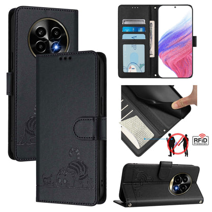 Realme 13 Pro Cat & Rat Embossed RFID Leather Case, Lanyard, Wallet, Card Slots, Kickstand, Anti-Fall, Scratch-Resistant
