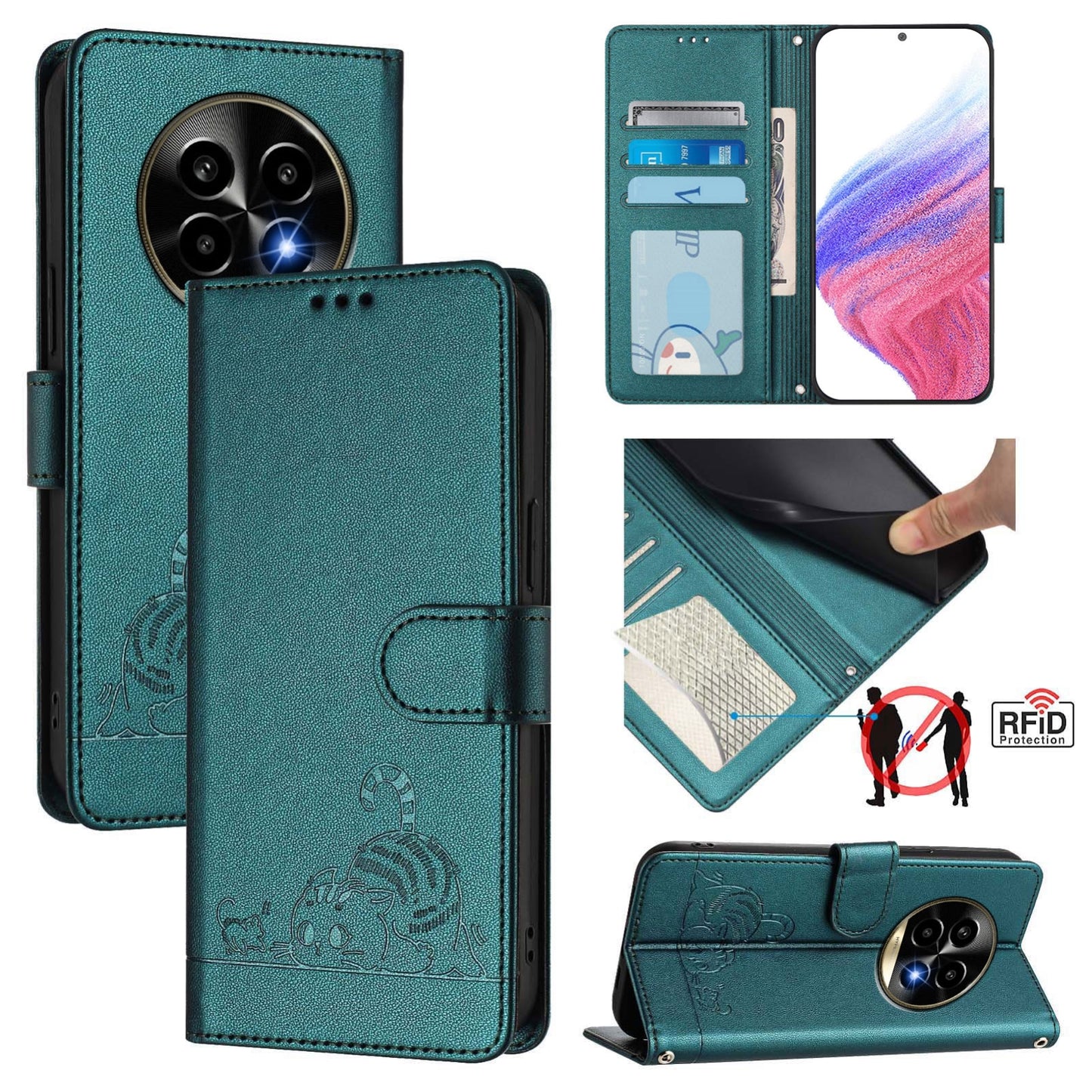 Realme 13 Pro+ 5G Cat & Rat Embossed RFID Leather Case, Lanyard, Wallet, Card Slots, Kickstand, Anti-Fall, Scratch-Resistant