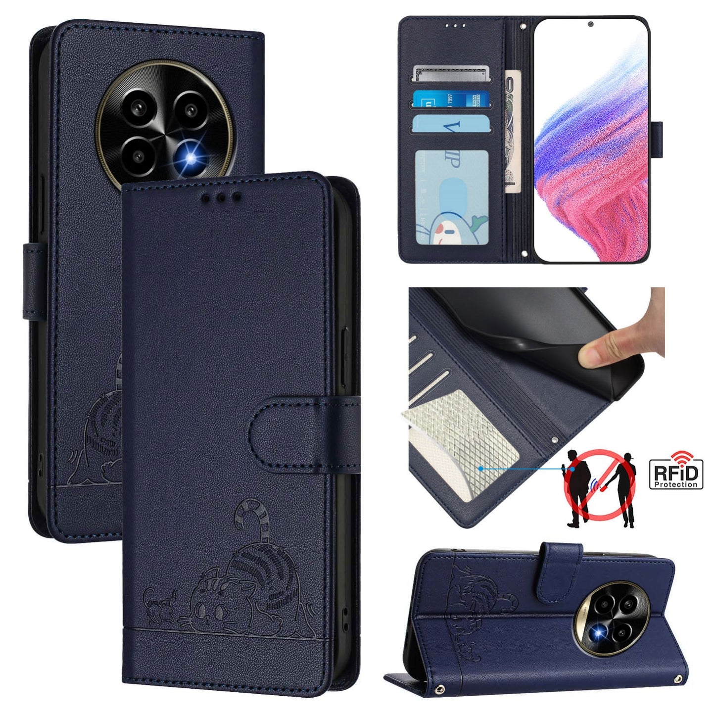 Realme 13 Pro+ 5G Cat & Rat Embossed RFID Leather Case, Lanyard, Wallet, Card Slots, Kickstand, Anti-Fall, Scratch-Resistant