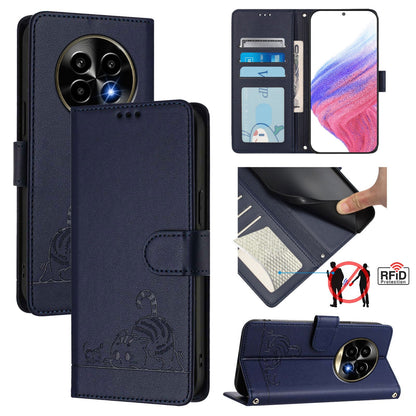 Realme 13 Pro+ 5G Cat & Rat Embossed RFID Leather Case, Lanyard, Wallet, Card Slots, Kickstand, Anti-Fall, Scratch-Resistant