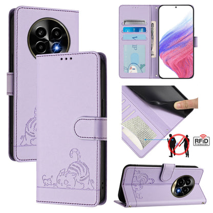 Realme 13 Pro+ 5G Cat & Rat Embossed RFID Leather Case, Lanyard, Wallet, Card Slots, Kickstand, Anti-Fall, Scratch-Resistant