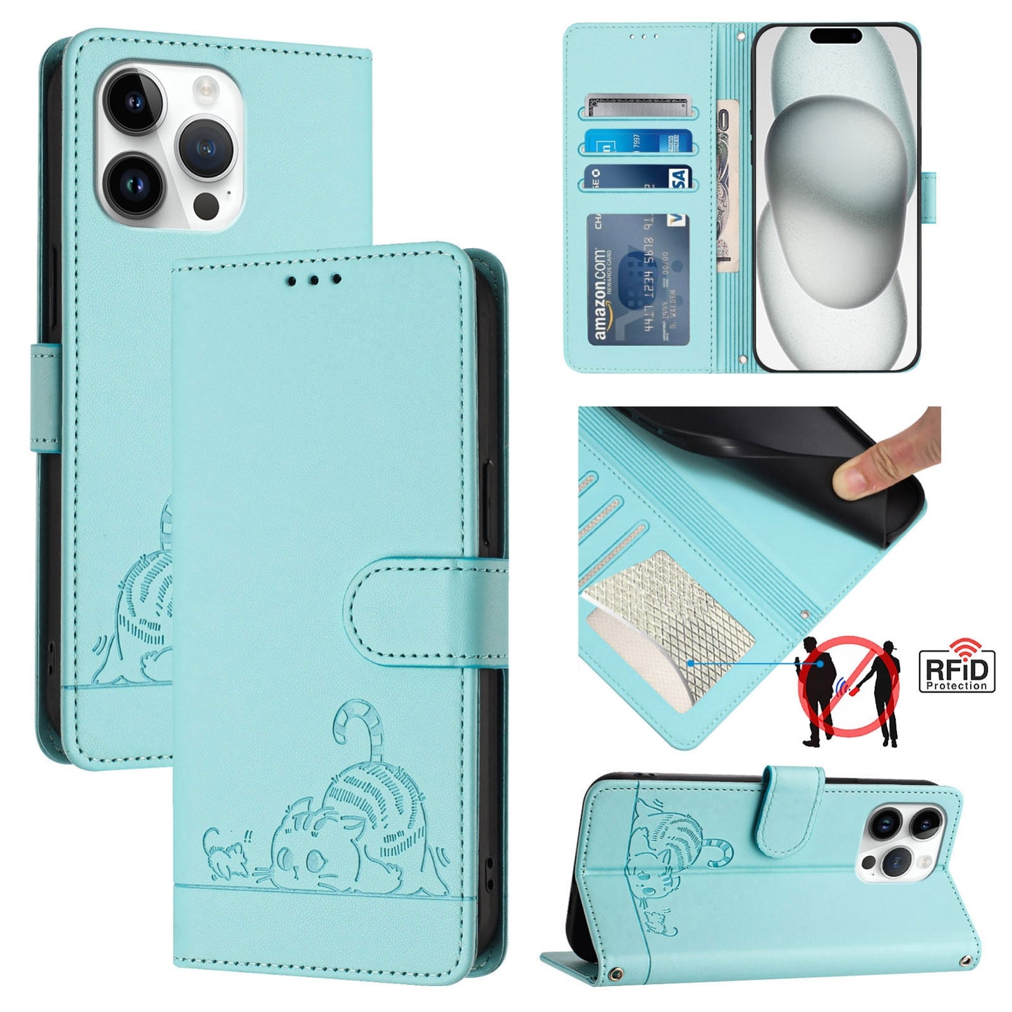iPhone 15 Pro Max Cat & Rat Embossed RFID Leather Case, Lanyard, Wallet, Card Slots, Kickstand, Anti-Fall, Scratch-Resistant