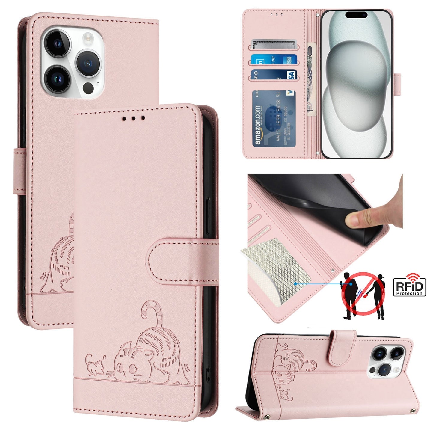 iPhone 15 Pro Max Cat & Rat Embossed RFID Leather Case, Lanyard, Wallet, Card Slots, Kickstand, Anti-Fall, Scratch-Resistant