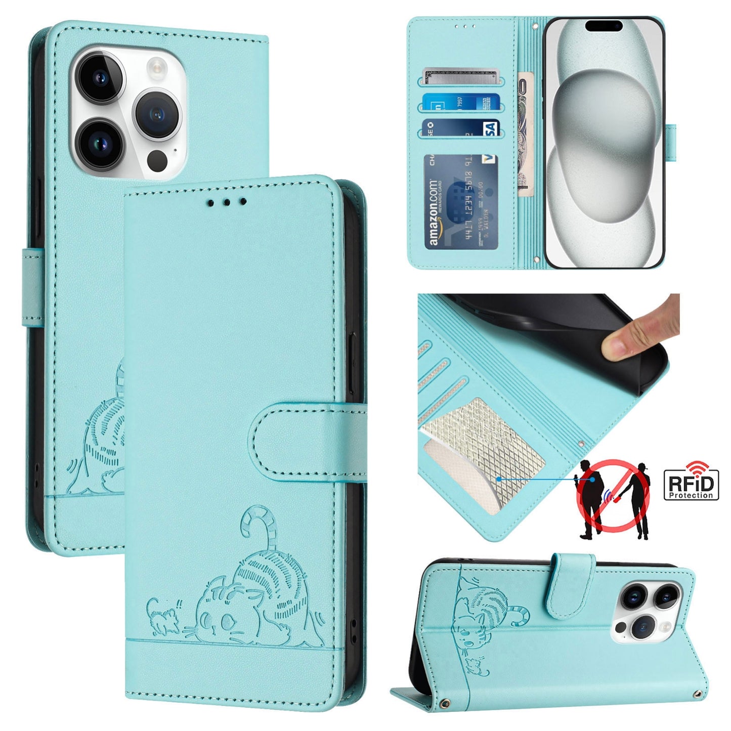 iPhone 15 Pro Cat & Rat Embossed RFID Leather Case, Lanyard, Wallet, Card Slots, Kickstand, Anti-Fall, Scratch-Resistant