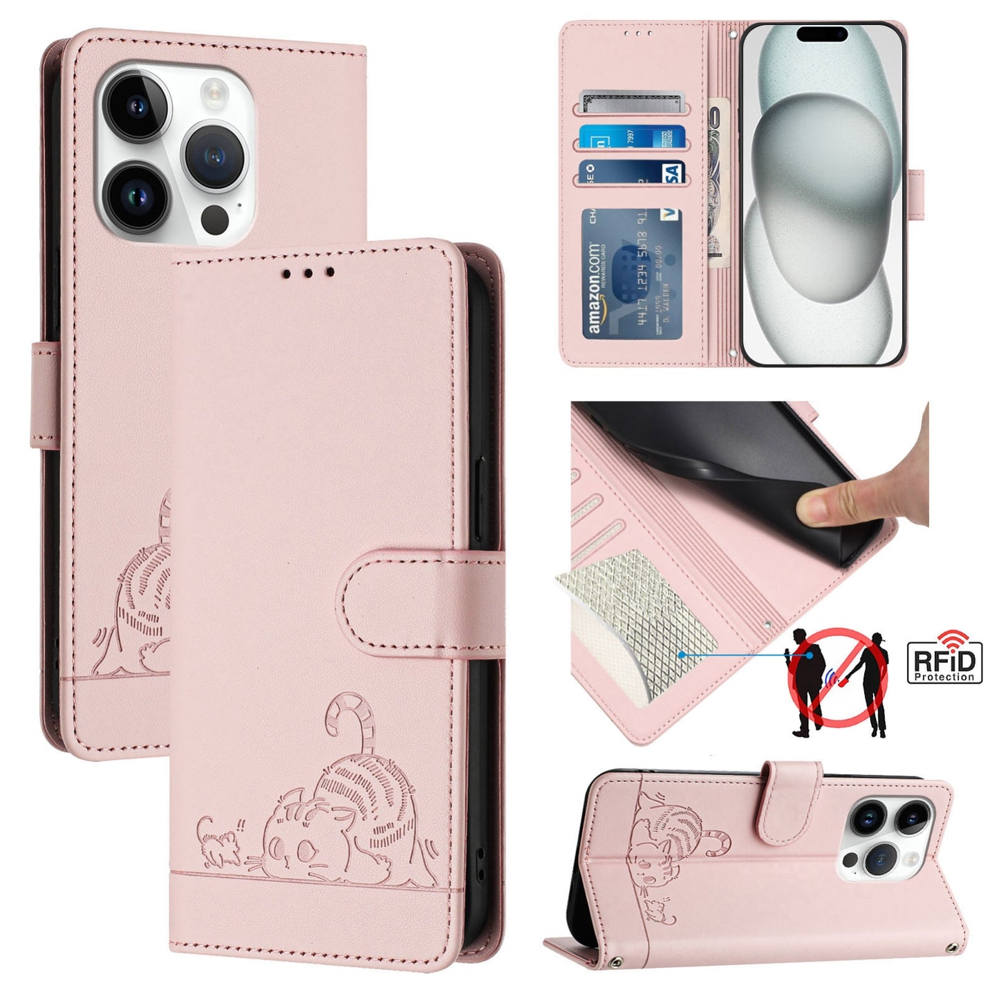 iPhone 15 Pro Cat & Rat Embossed RFID Leather Case, Lanyard, Wallet, Card Slots, Kickstand, Anti-Fall, Scratch-Resistant