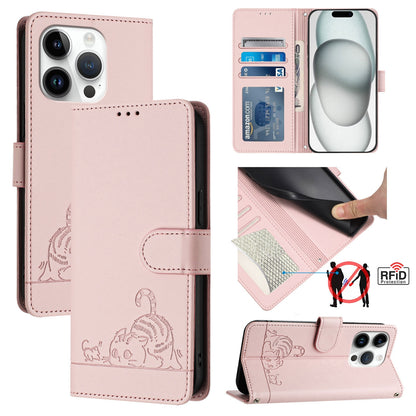 iPhone 15 Pro Cat & Rat Embossed RFID Leather Case, Lanyard, Wallet, Card Slots, Kickstand, Anti-Fall, Scratch-Resistant