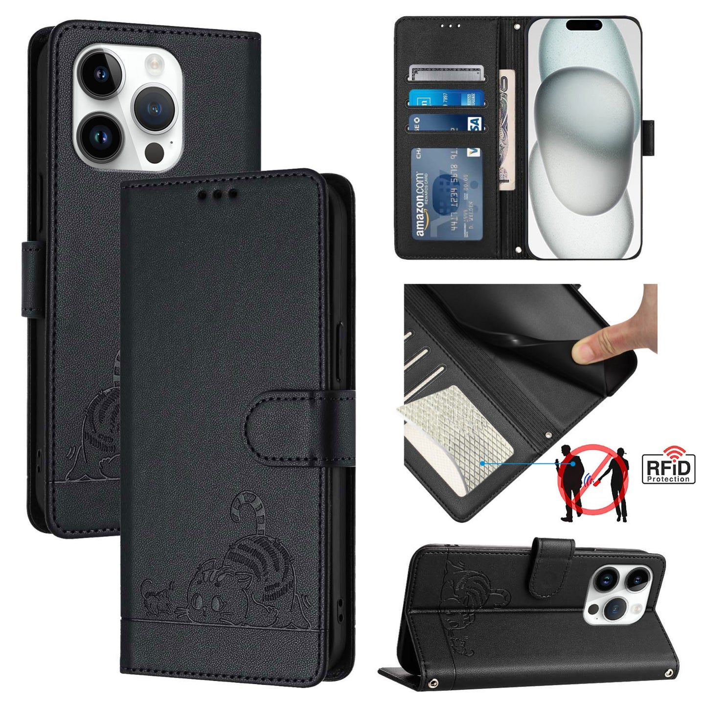 iPhone 15 Pro Cat & Rat Embossed RFID Leather Case, Lanyard, Wallet, Card Slots, Kickstand, Anti-Fall, Scratch-Resistant