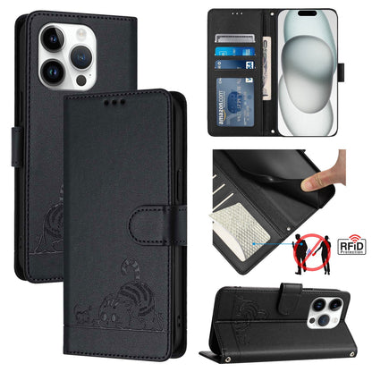 iPhone 15 Pro Cat & Rat Embossed RFID Leather Case, Lanyard, Wallet, Card Slots, Kickstand, Anti-Fall, Scratch-Resistant