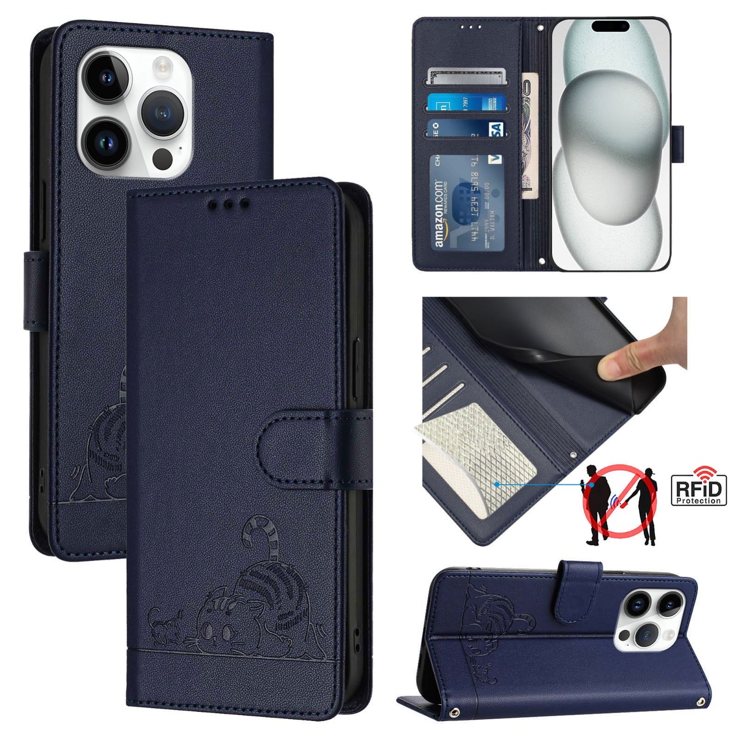 iPhone 15 Pro Cat & Rat Embossed RFID Leather Case, Lanyard, Wallet, Card Slots, Kickstand, Anti-Fall, Scratch-Resistant