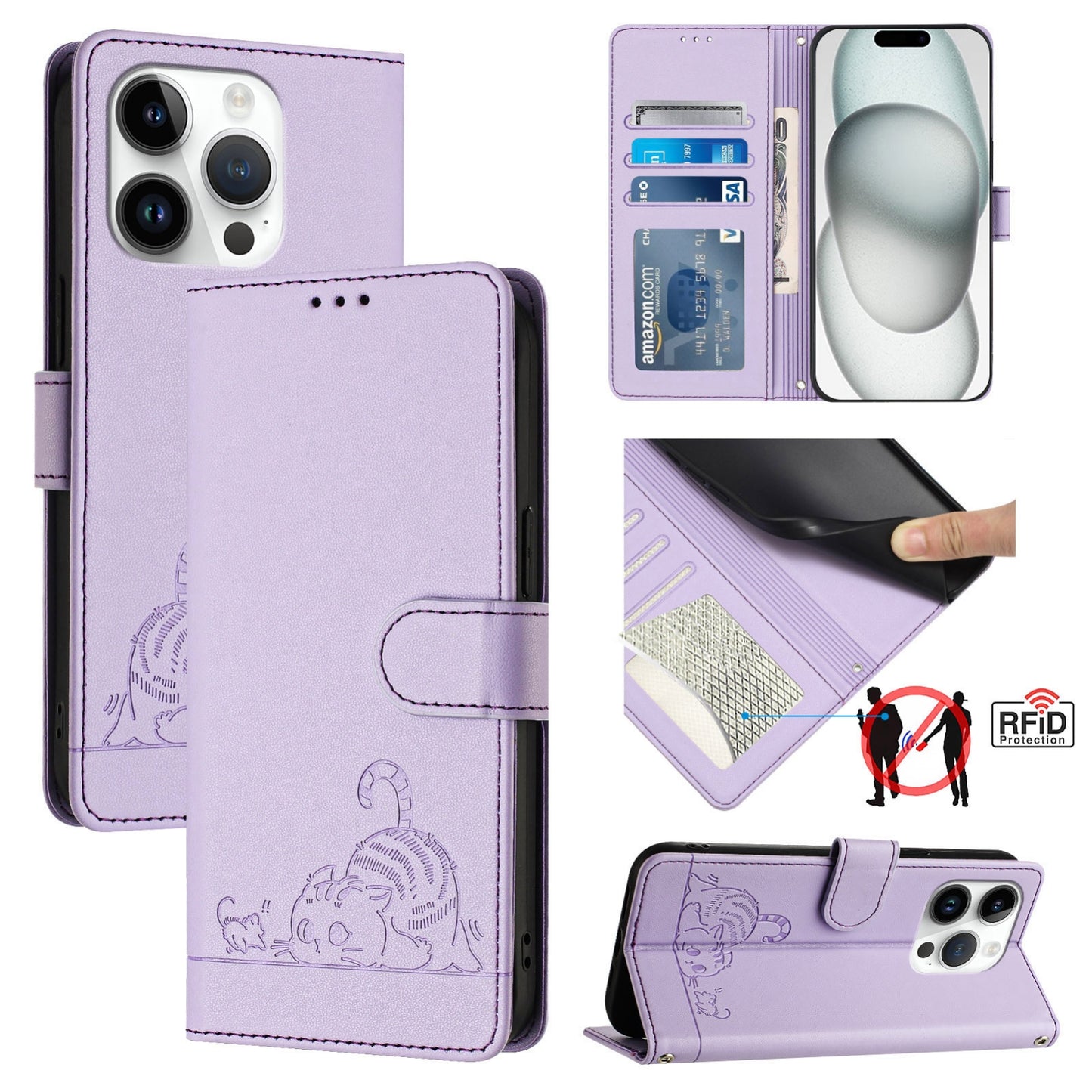 iPhone 15 Pro Cat & Rat Embossed RFID Leather Case, Lanyard, Wallet, Card Slots, Kickstand, Anti-Fall, Scratch-Resistant