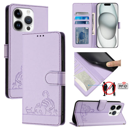iPhone 15 Pro Cat & Rat Embossed RFID Leather Case, Lanyard, Wallet, Card Slots, Kickstand, Anti-Fall, Scratch-Resistant