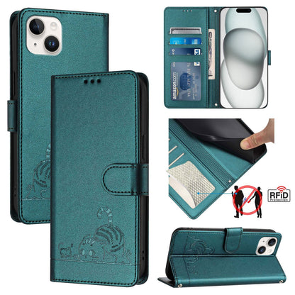 iPhone 15 Plus Cat & Rat Embossed RFID Leather Case, Lanyard, Wallet, Card Slots, Kickstand, Anti-Fall, Scratch-Resistant