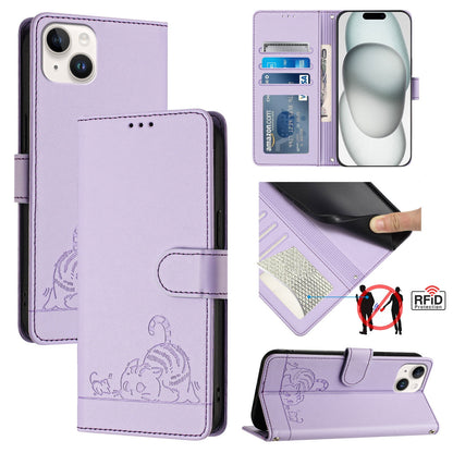 iPhone 15 Plus Cat & Rat Embossed RFID Leather Case, Lanyard, Wallet, Card Slots, Kickstand, Anti-Fall, Scratch-Resistant