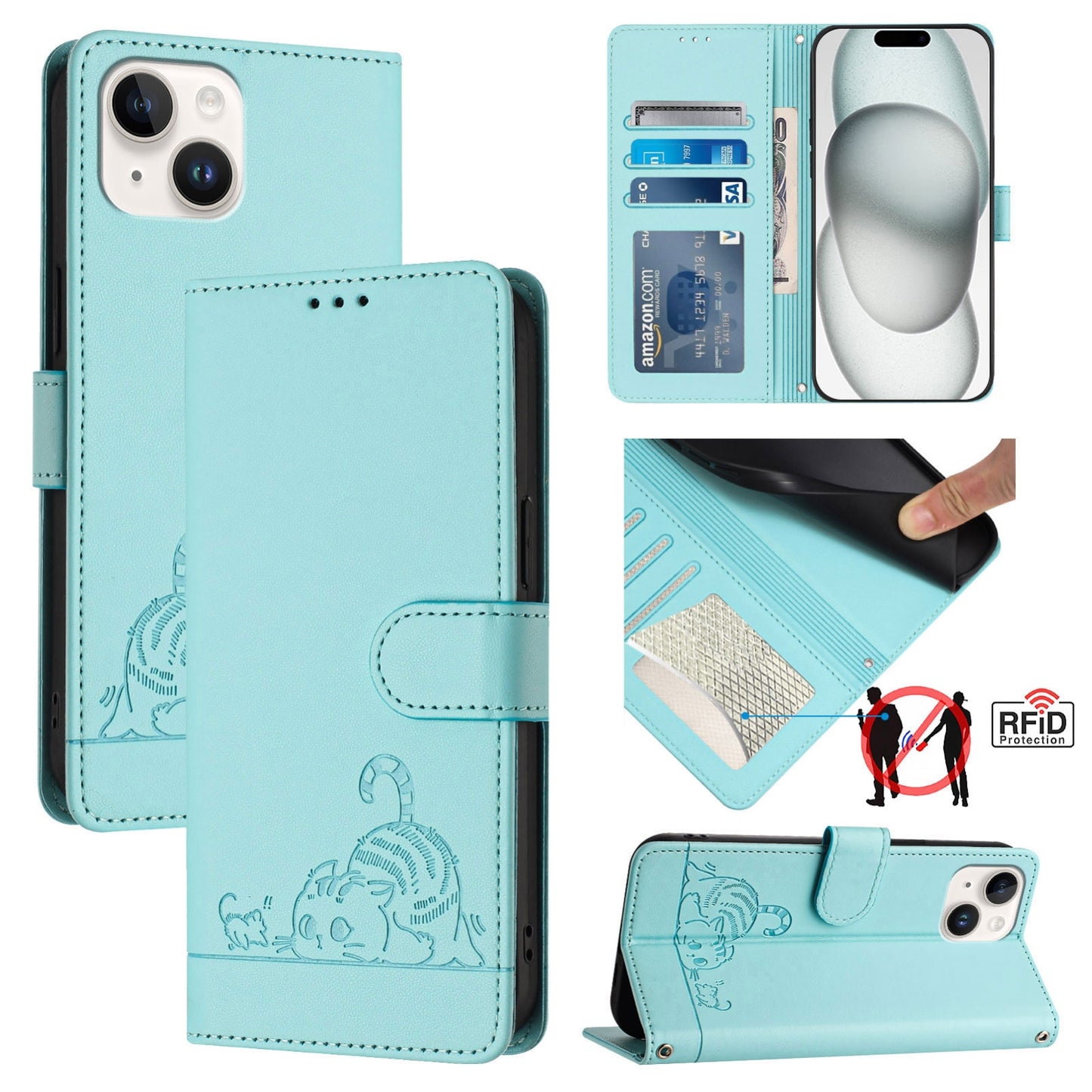 iPhone 15 Cat & Rat Embossed RFID Leather Case, Lanyard, Wallet, Card Slots, Kickstand, Anti-Fall, Scratch-Resistant