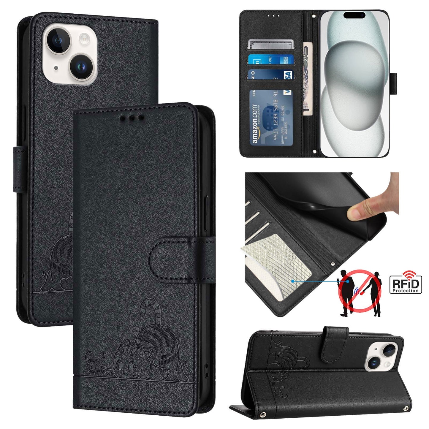 iPhone 15 Cat & Rat Embossed RFID Leather Case, Lanyard, Wallet, Card Slots, Kickstand, Anti-Fall, Scratch-Resistant