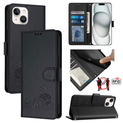 iPhone 15 Cat & Rat Embossed RFID Leather Case, Lanyard, Wallet, Card Slots, Kickstand, Anti-Fall, Scratch-Resistant