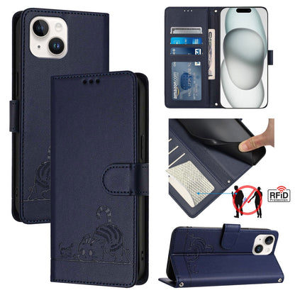 iPhone 15 Cat & Rat Embossed RFID Leather Case, Lanyard, Wallet, Card Slots, Kickstand, Anti-Fall, Scratch-Resistant