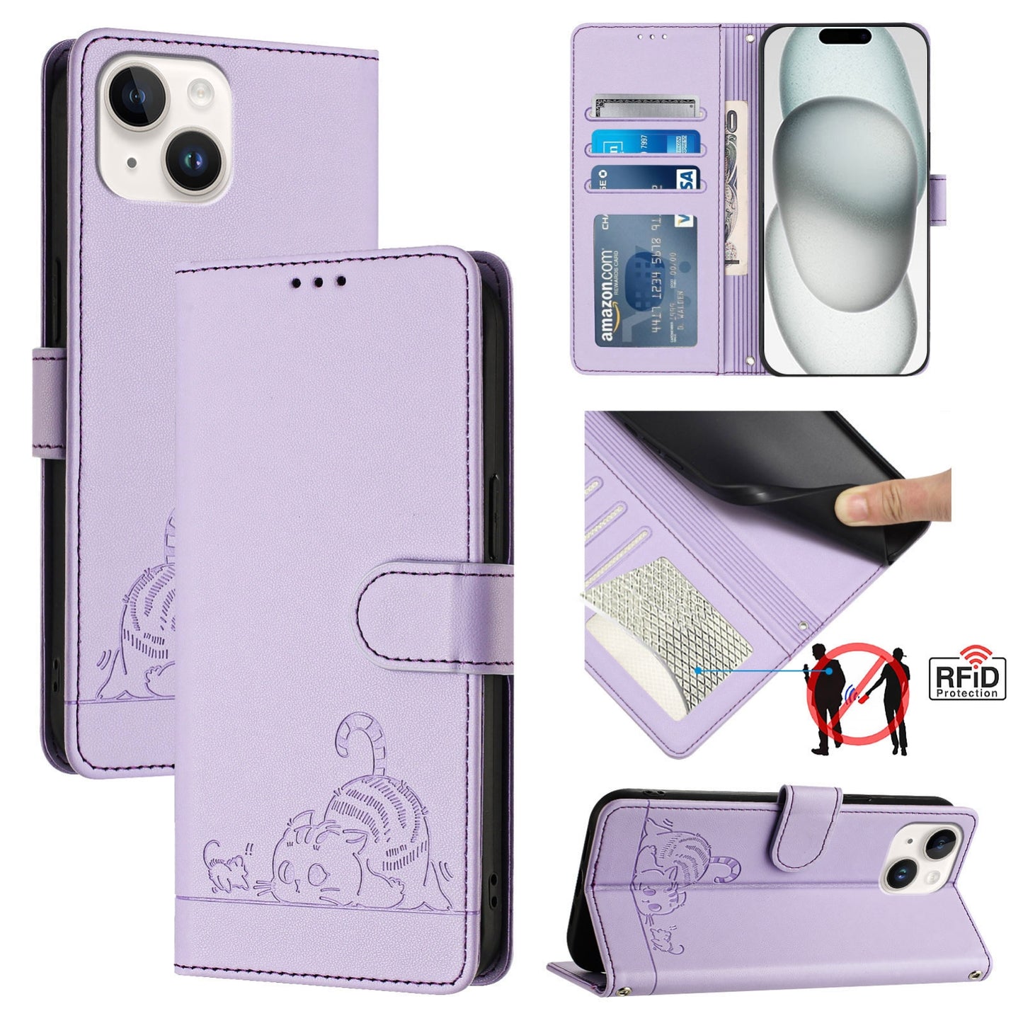 iPhone 15 Cat & Rat Embossed RFID Leather Case, Lanyard, Wallet, Card Slots, Kickstand, Anti-Fall, Scratch-Resistant