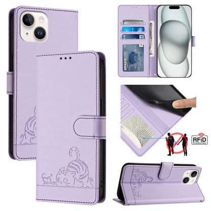 iPhone 15 Cat & Rat Embossed RFID Leather Case, Lanyard, Wallet, Card Slots, Kickstand, Anti-Fall, Scratch-Resistant